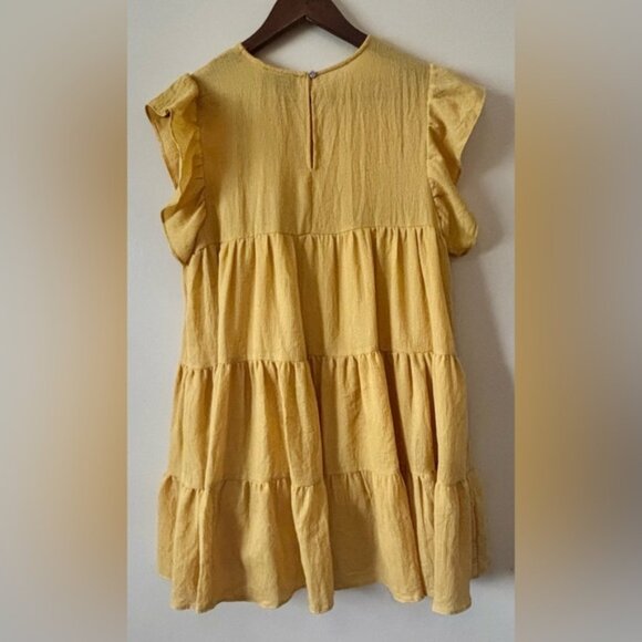 Vici| Summery Yellow Tiered Ruffle Babydoll Cap Sleeve Lined Mini Dress Sz M - Picture 4 of 6